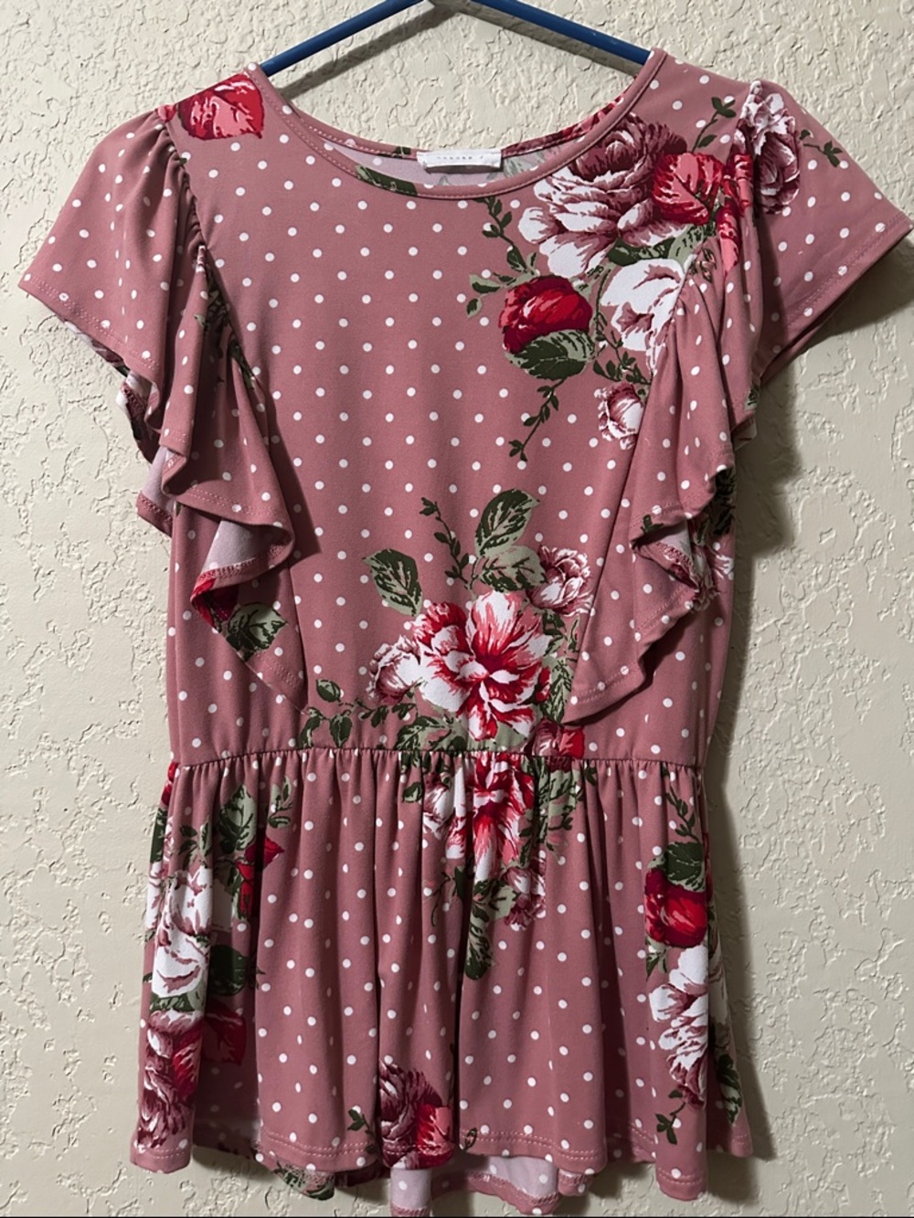 Reborn Dusty Rose Floral Dot Ruffle Top/Blouse S/M